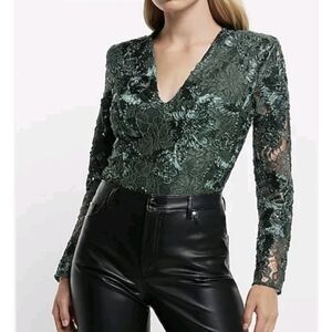Express Nwt Lace Embroidered Emerald Green Long Sleeve Thong Bodysuit Small